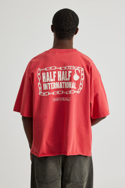 Half Half Boxy Cropped Graphic Tshirt, HH WASHED VARSITY RED/CHAINED UP