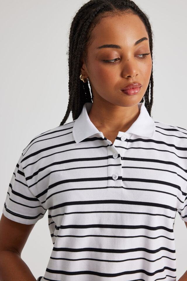 Short Sleeve Polo Top, BLACK/WHITE STRIPE