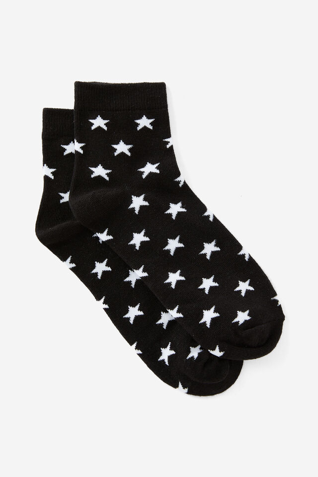 Girls Everyday Quarter Sock, BLACK WHITE STARS