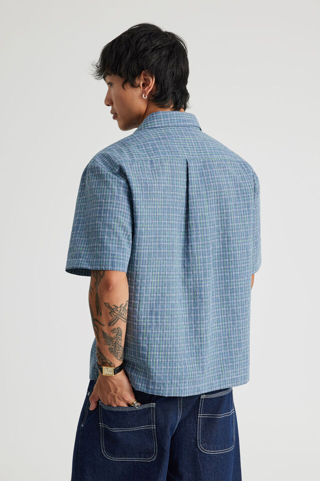 Half Half Short Sleeve Shirt, HH BLUE GREY NEON CHECK