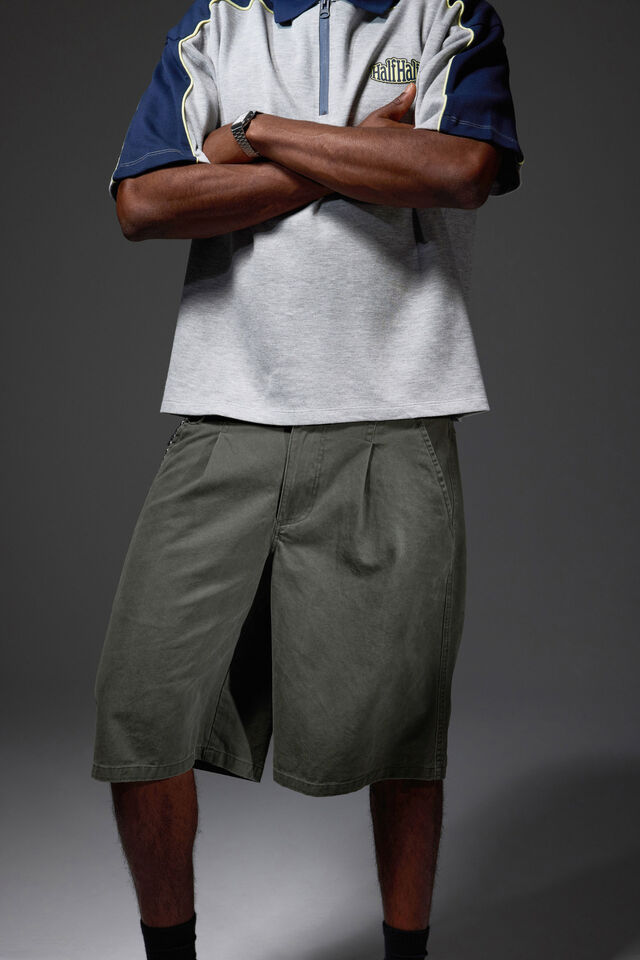Half Half Pleated Woven Short, DEEP KHAKI