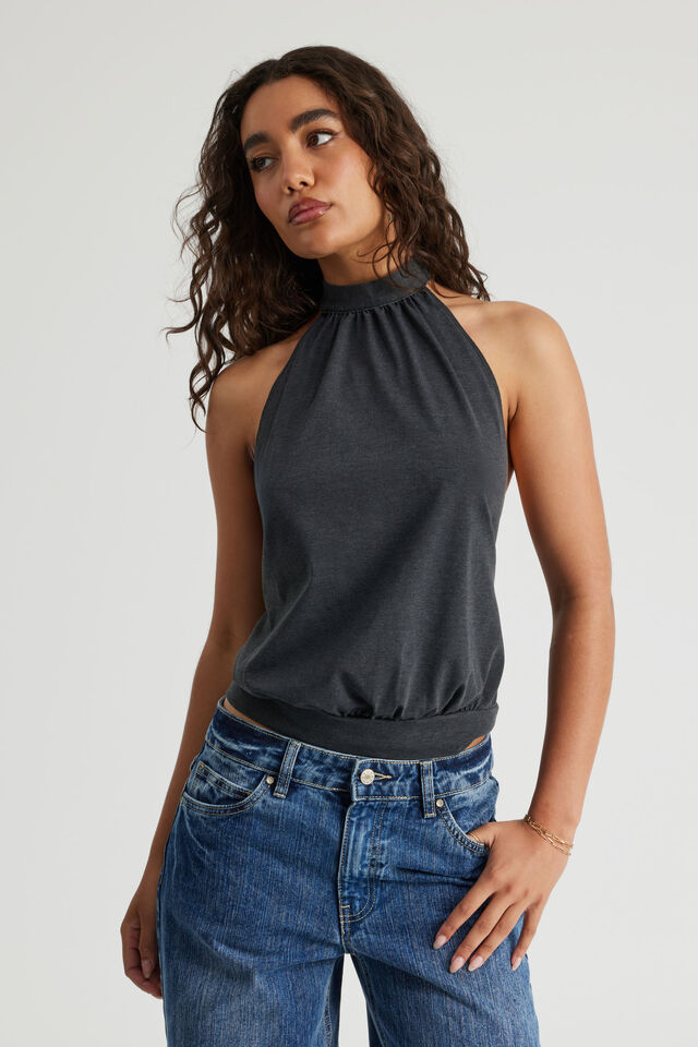 High Neck Backless Halter Top, WASHED BLACK