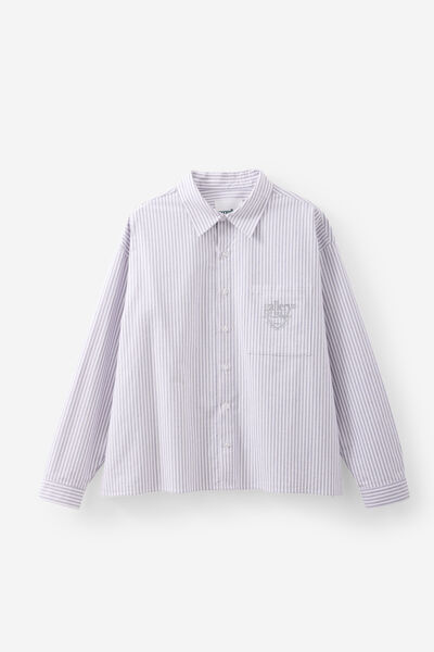 Open Gallery Boxy Cropped Long Sleeve Shirt, OG INDIGO PINSTRIPE/EVERYDAY ART