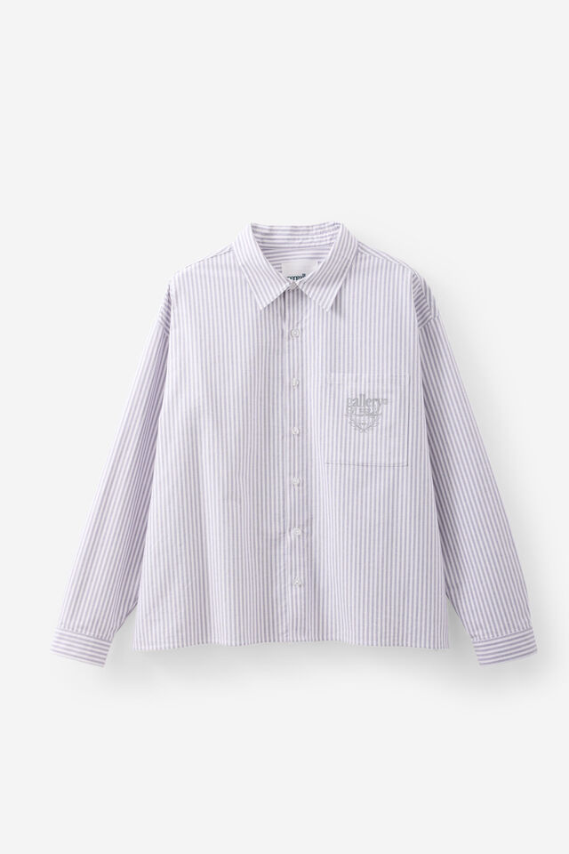 Open Gallery Boxy Cropped Long Sleeve Shirt, OG INDIGO PINSTRIPE/EVERYDAY ART