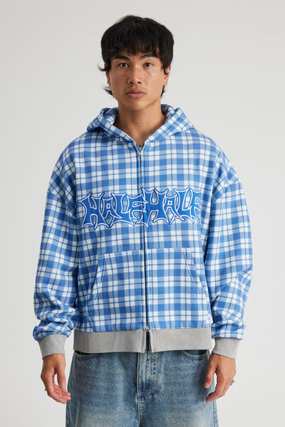 Half Half Zip Thru Hoodie, HH BLUE CHECK /SURF RIOT