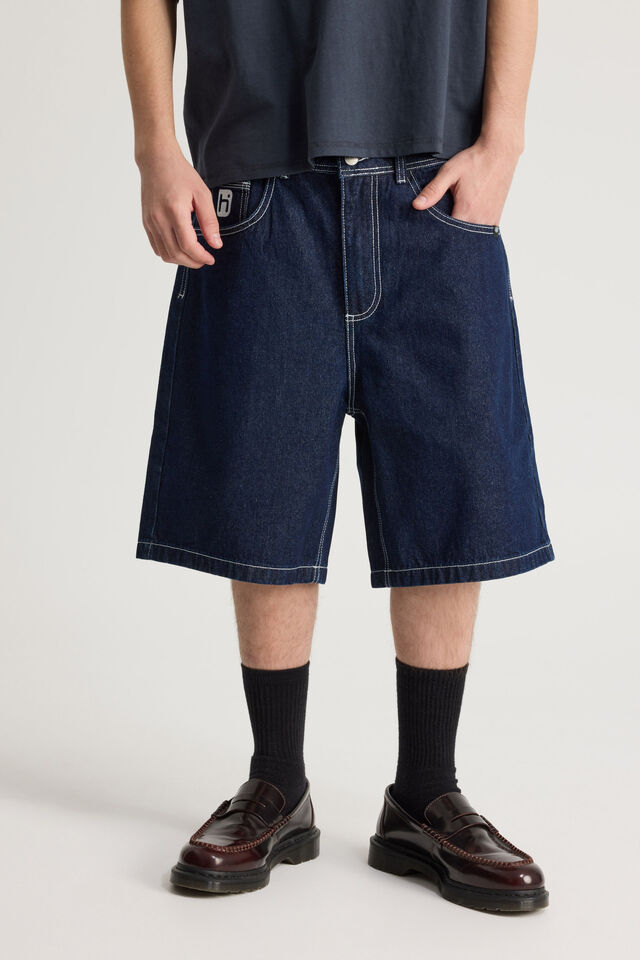 Half Half Painter Baggy Denim Short, RAW INDIGO/WHITE STITCH