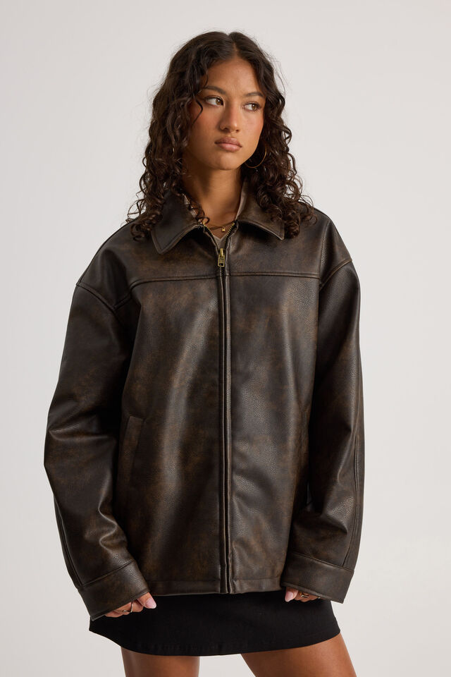 Celes Oversize Pu Jacket, BROWN