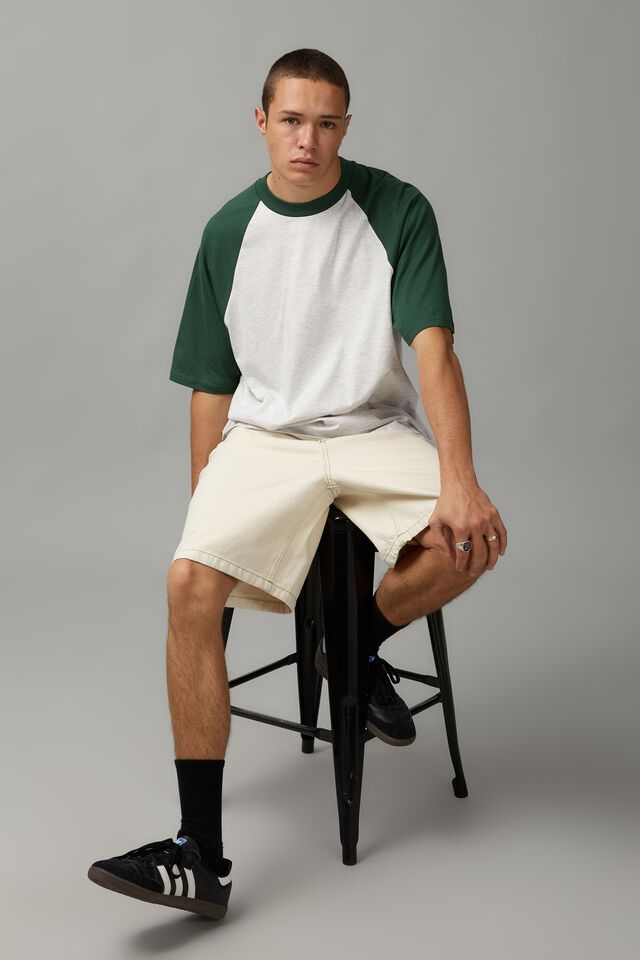 Box Fit Raglan T Shirt, SILVER MARLE/CLUB GREEN