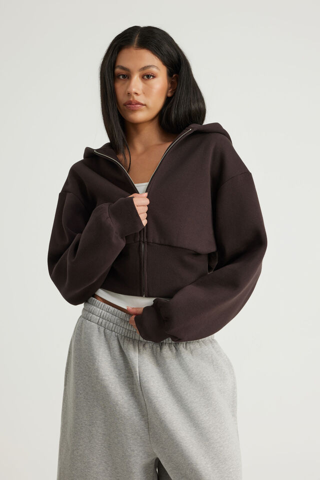Authentics Shrunken Zip Through Hoodie, CHOC NOIR