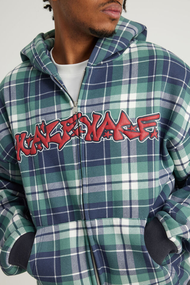 Half Half Zip Thru Hoodie, HH GREEN CHECK/GRAFFITI
