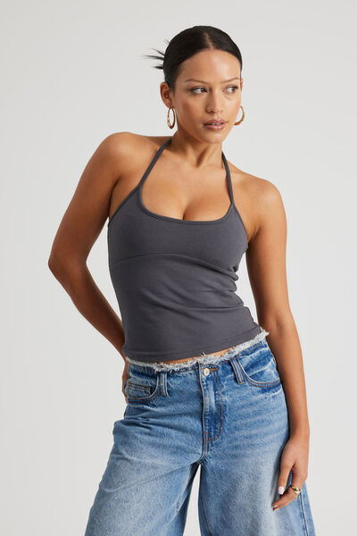 Tie Neck Halter Top, SLATE