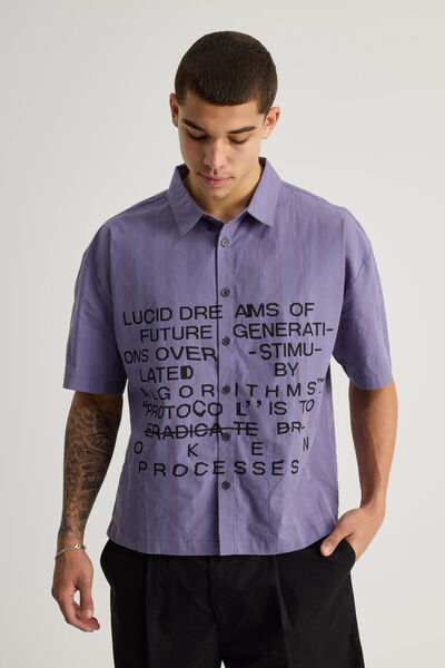 Notion Boxy Cropped Short Sleeve Shirt, NOTION PURPLE DOVE/TEXT