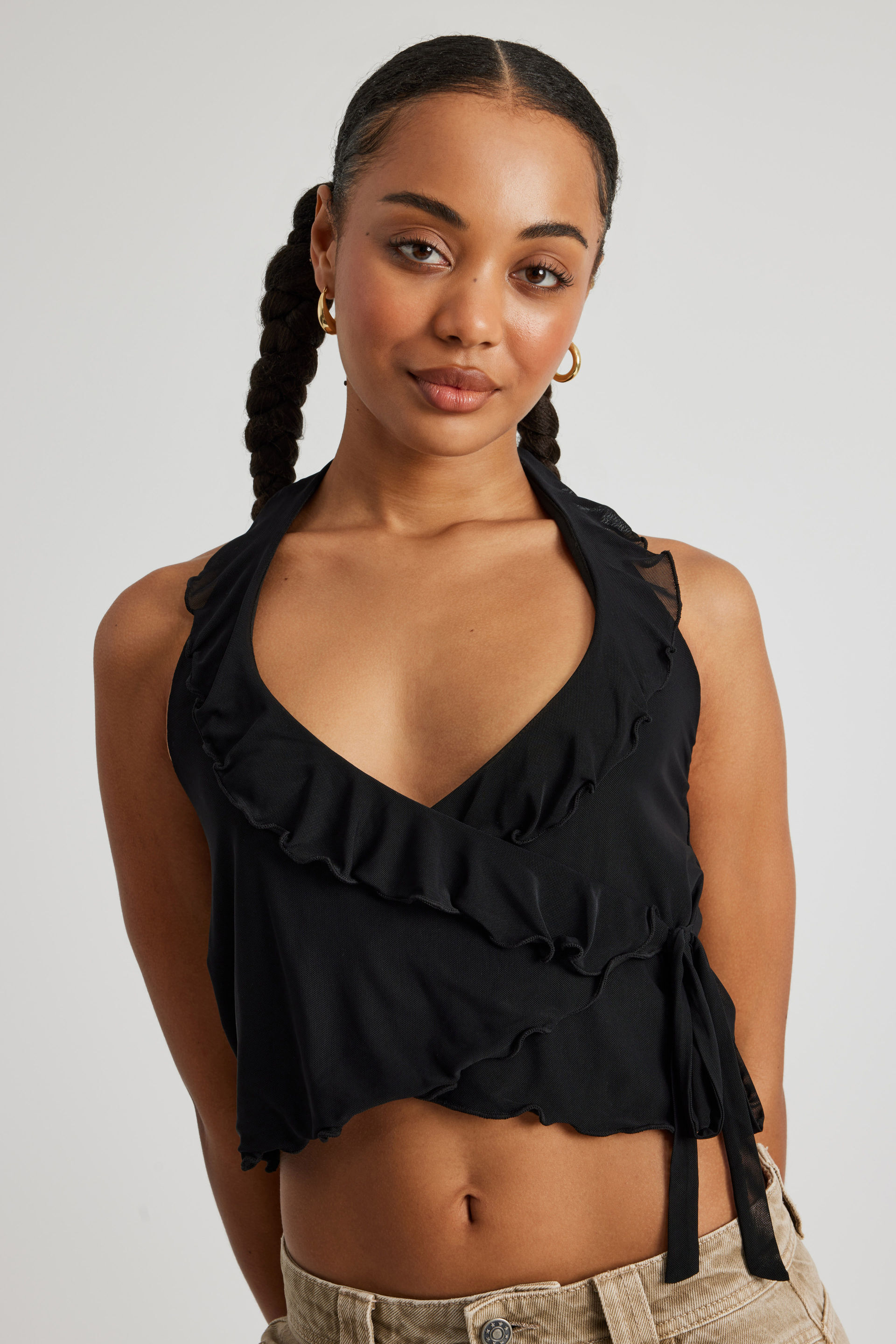 Black wrap halter top new arrivals