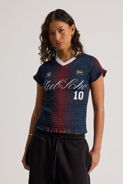 Shirred Fitted Sports Jersey, NAVY CHERRY/CLUB SOHO