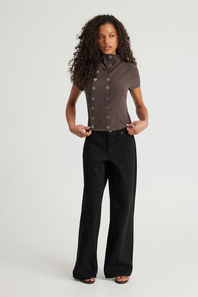 Double Button Top, BROWN PINSTRIPE