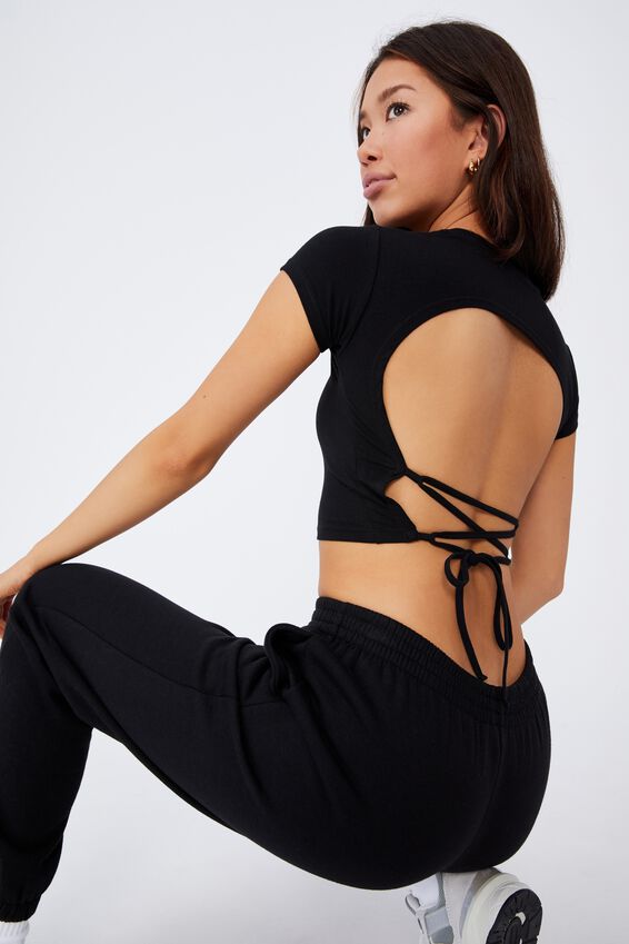 Criss Cross Short Sleeve Top, BLACK