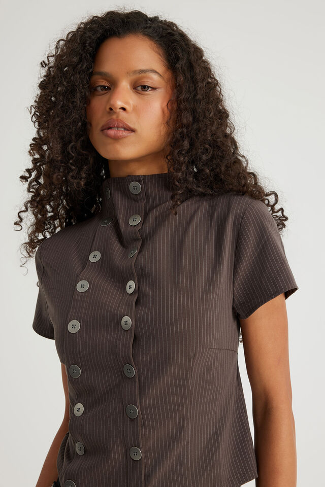 Double Button Top, BROWN PINSTRIPE