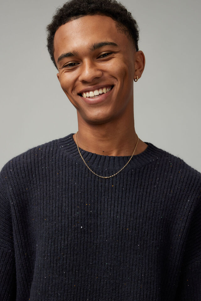 Boxy Textured Crew Knit, NAVY/NEP TEXTURE