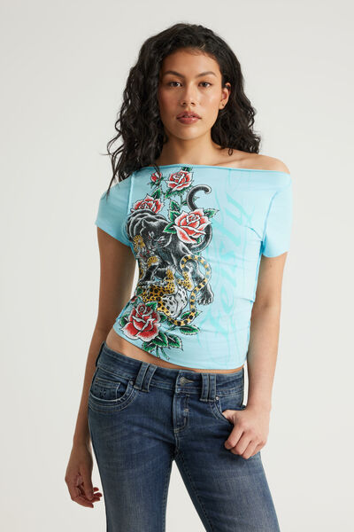 Boat Neck Graphic Tee, WASHED LAGUNA BLUE/TIGERS