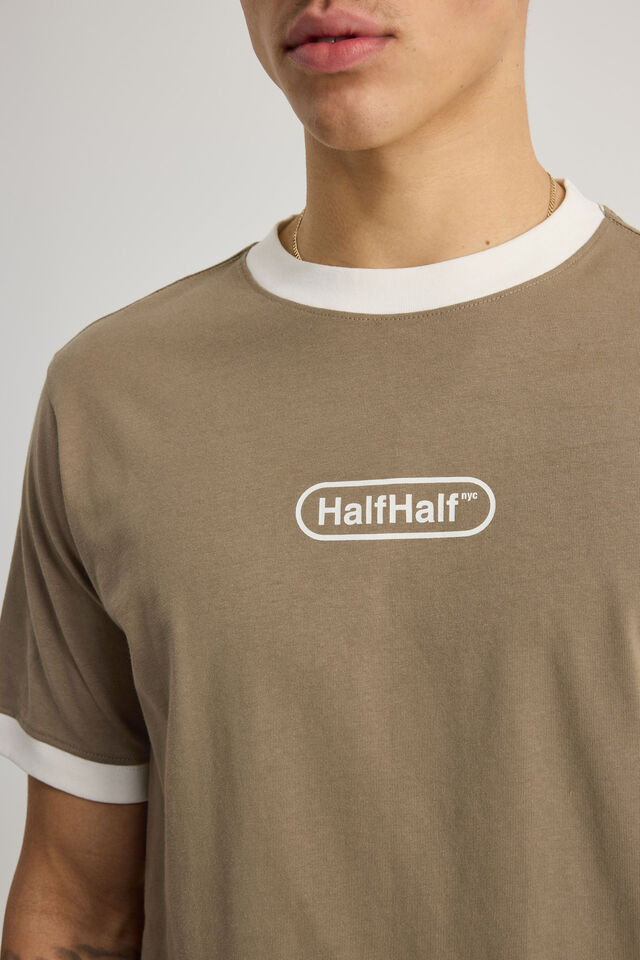 Half Half Slim Fit Ringer Tshirt, HH KHAKI MIST/CLOUD WIDE HALF HALF PILL