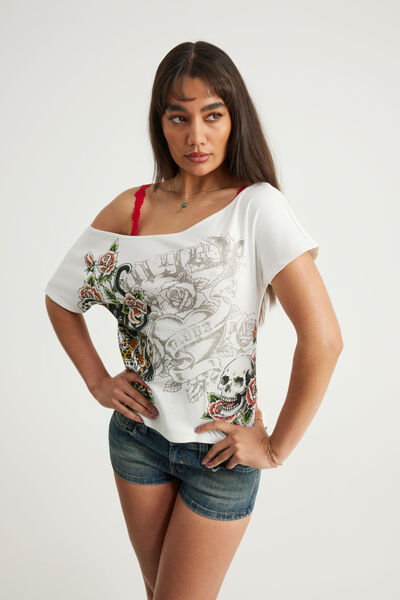 Off Shoulder Graphic Tee, CLOUD/TATTOO