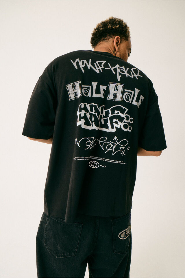 Half Half Heavyweight Box Fit Graphic Tshirt, HH BLACK/TAGLINE