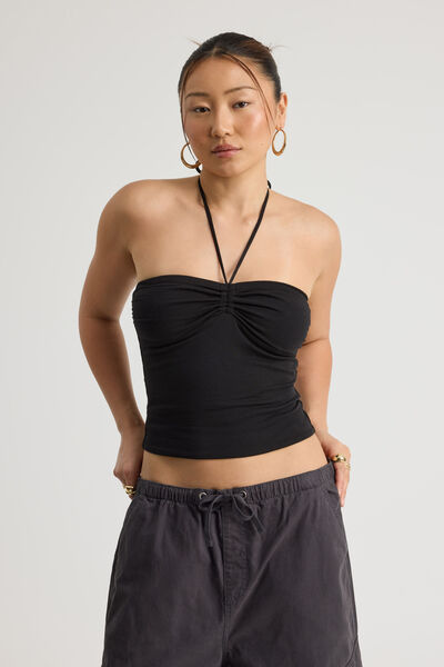Ruched Front Bandeau Halter, BLACK
