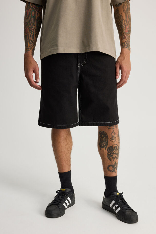 Half Half Painter Baggy Denim Short, JET BLACK CONTRAST STITCH