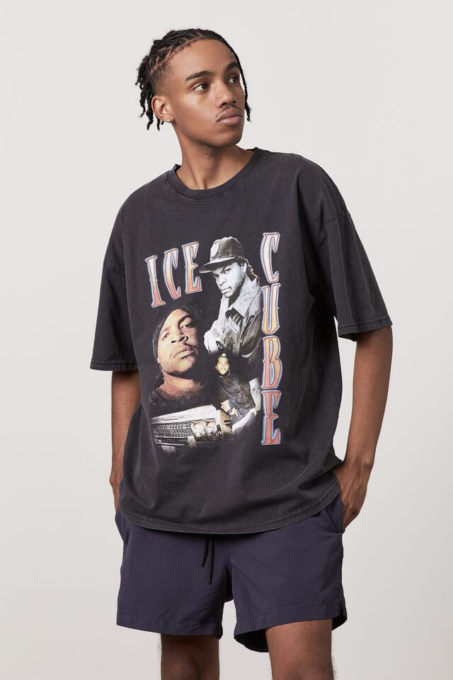 Oversized Music Merch T Shirt, LCN MT WASHED BLACK/ICE CUBE