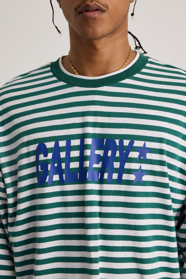 Open Gallery Cropped Long Sleeve Tshirt, OG PINE STRIPE/WOODMARK STARS