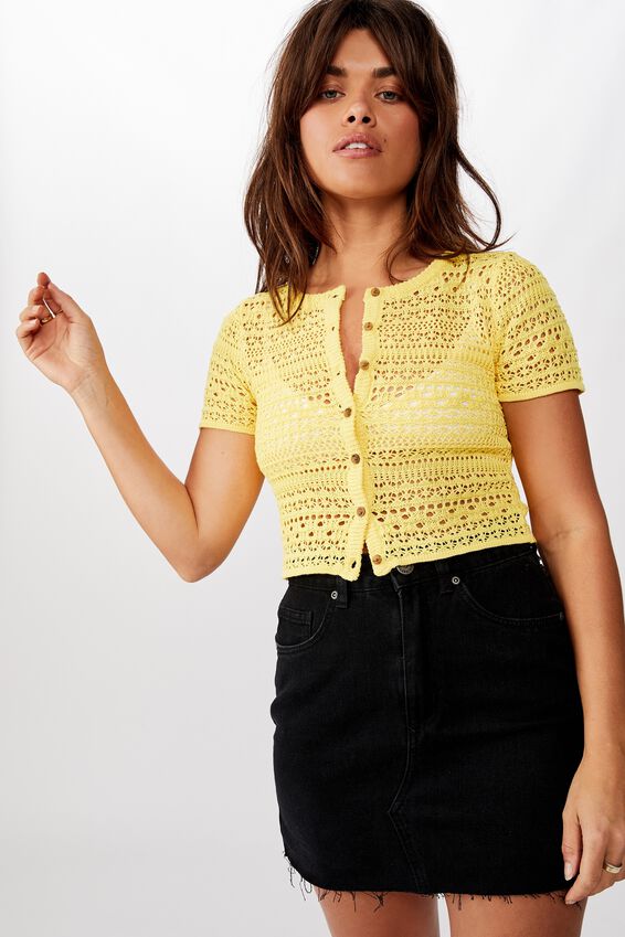 Crochet Short Sleeve Cardi, YELLOW