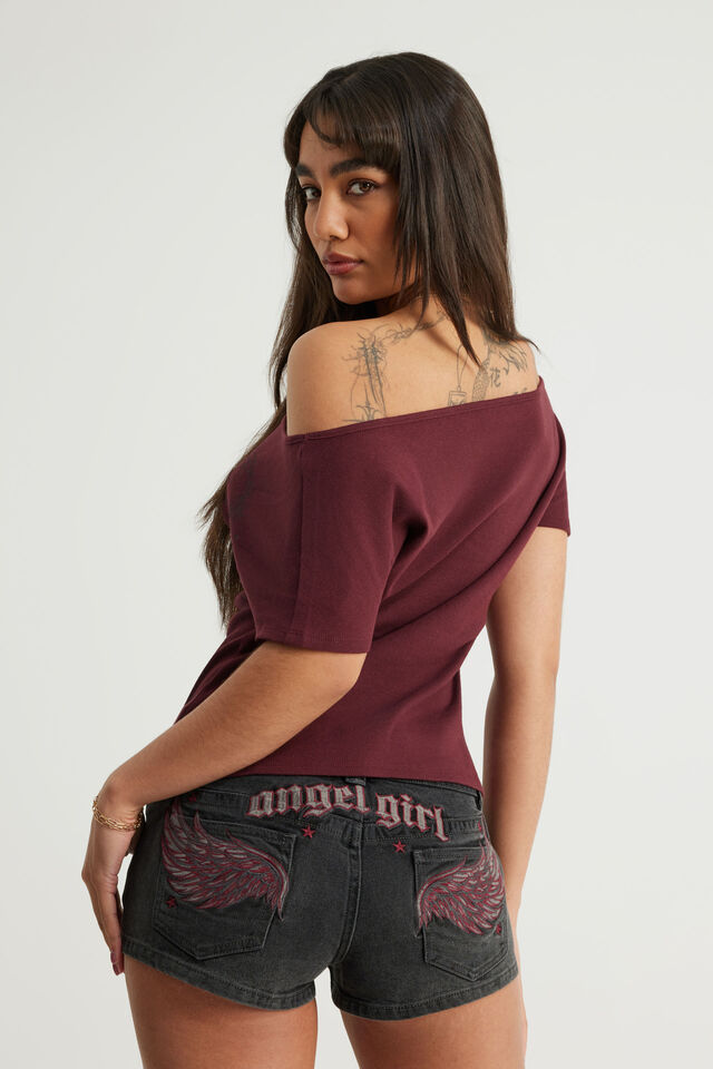 Off Shoulder Graphic Tee, BORDEAUX/SUMMER ROMANCE