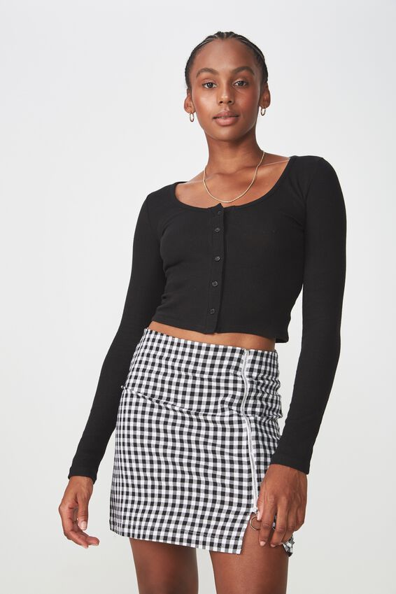 Waffle Long Sleeve Henley Crop, BLACK