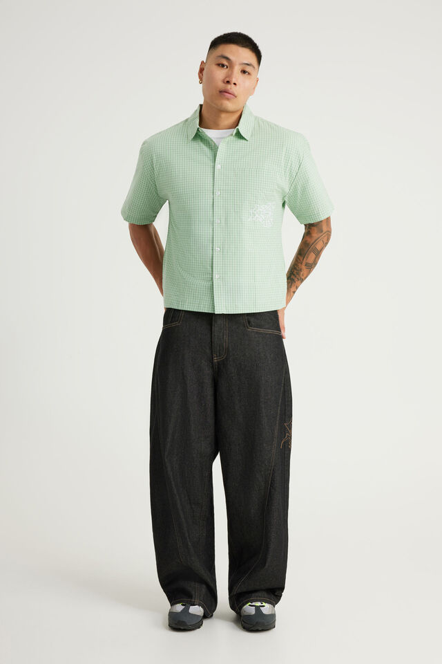 Half Half Boxy Cropped Short Sleeve Shirt, HH GREEN CHECK WHT HANDSTYLE EMB