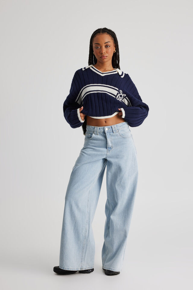Sara Polo Knit Crop Jumper, NAVY BLAZER/OFF WHITE
