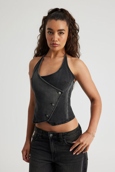 Denim Wrap Vest, WASHED BLACK