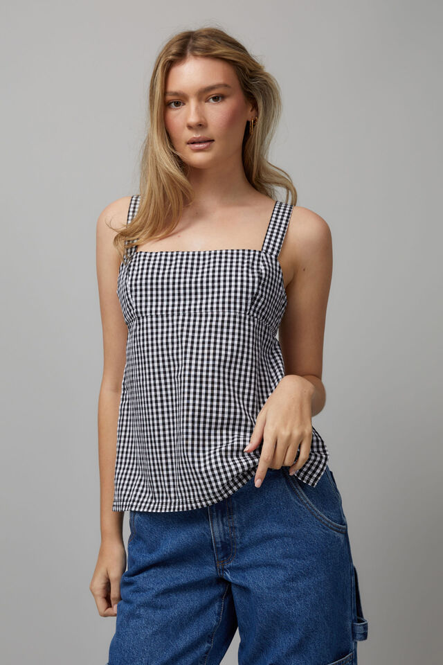 Apron Front Tie Back Top, BLACK/WHITE GINGHAM