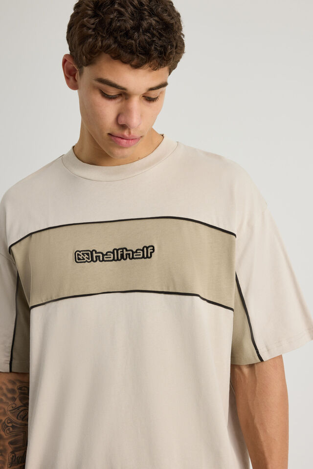 Half Half Box Fit Panelled Graphic Tshirt, HH PEBBLE/SUNBLEACHED KHAKI HALF HALF ELITE