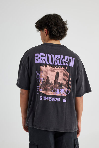 Half Half Heavyweight Box Fit Graphic Tshirt, HH WASHED BLACK/BROOKLYN SUPPLY