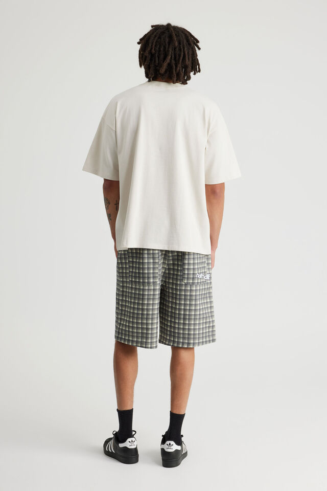 Half Half Painter Baggy Denim Short, GREY PRINTED CHECK