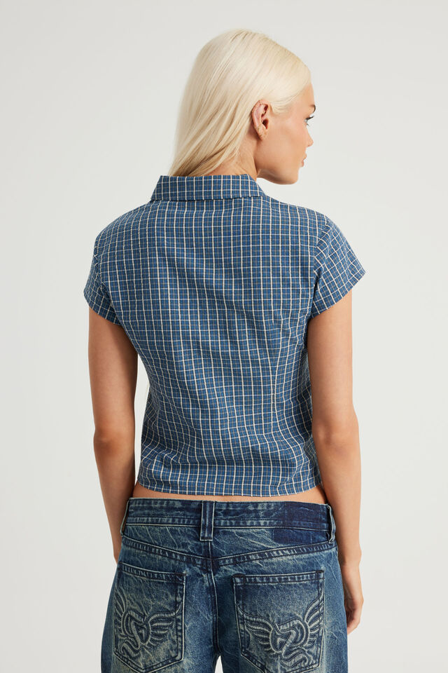 Short Sleeve Fitted Shirt, NAVY NEUTRAL CHECK