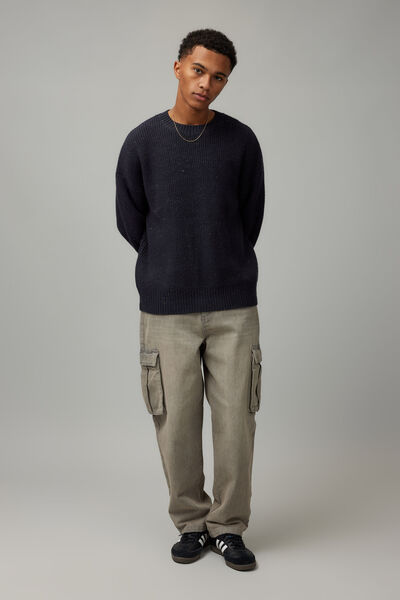 Boxy Textured Crew Knit, NAVY/NEP TEXTURE