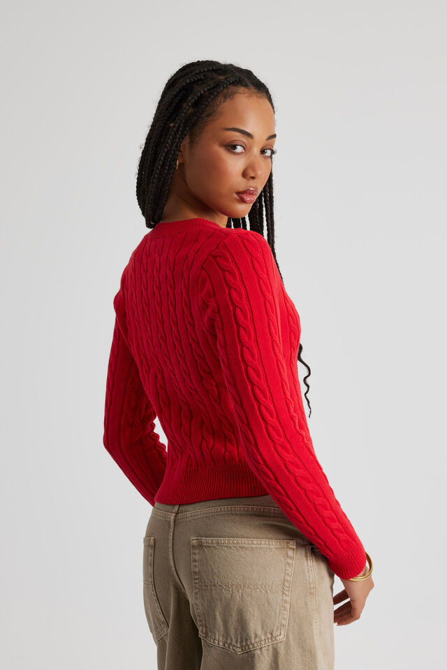 Lena Cable Knit V Neck Sweater, POSTBOX RED/CHERRRY