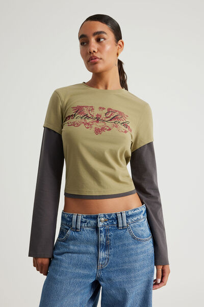 Layered Long Sleeve Top, WASHED OLIVE STONE/EAGLE