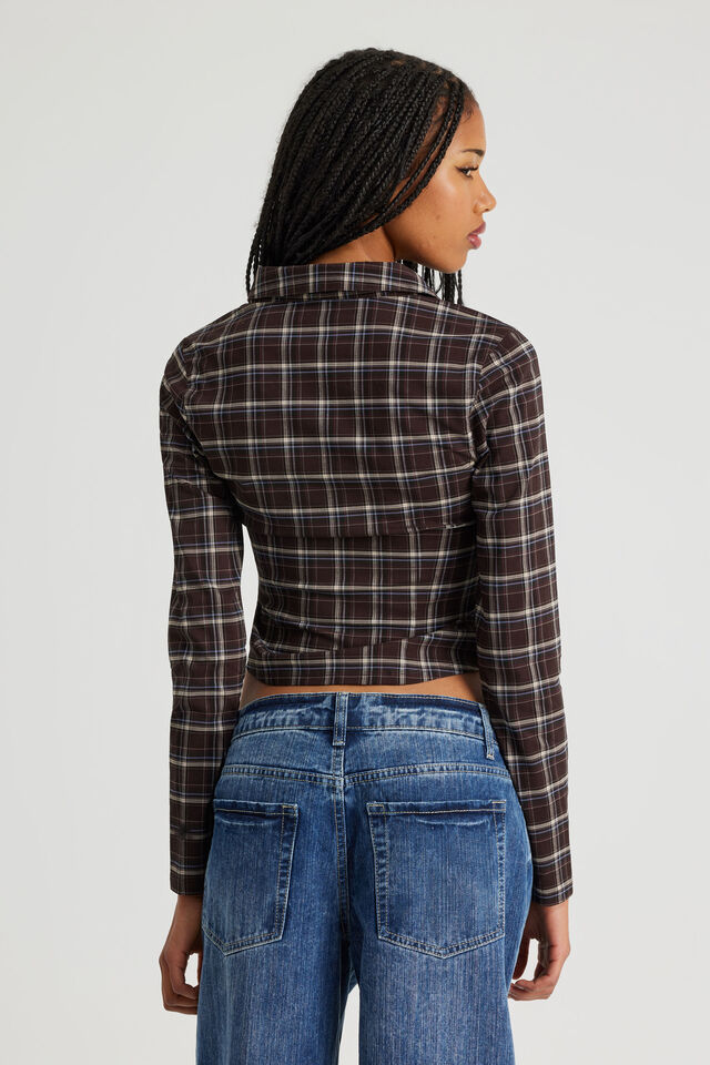 Long Sleeve Zip Through Shirt, BROWN CHECK
