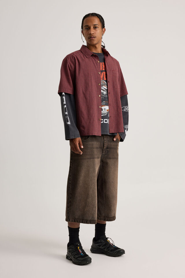 Half Half Short Sleeve Shirt, HH RED GREY/MICRO CHECK