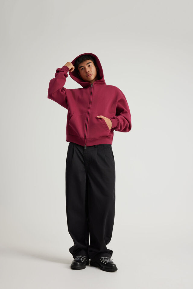 Authentics Boxy Zip Thru Hoodie, REDCURRENT