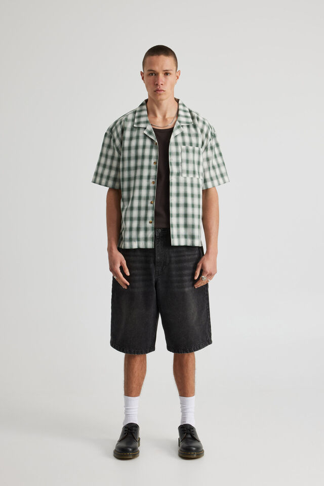 Boxy Cropped Short Sleeve Shirt, GREEN CHECK