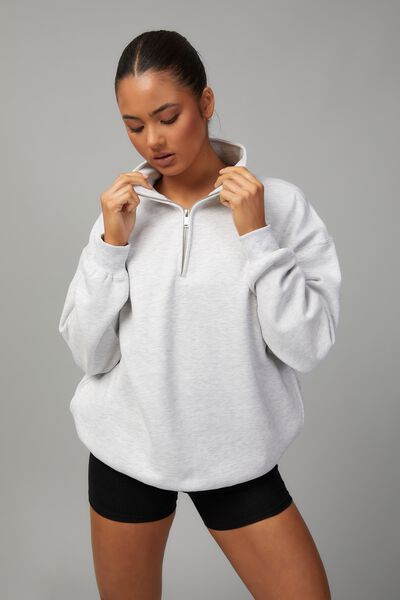 Slouchy Qtr Zip, SILVER MARLE