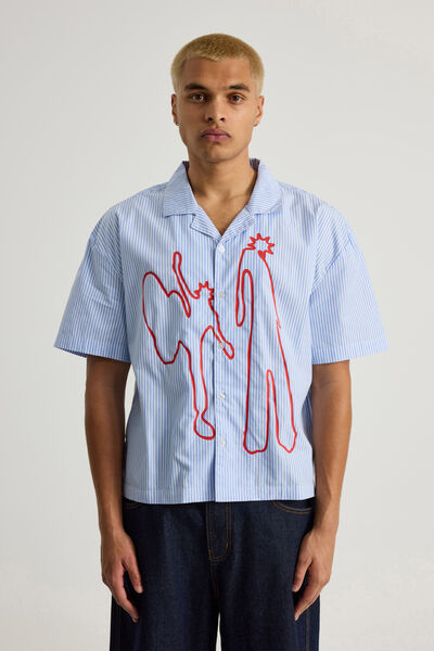 Notion Boxy Cropped Short Sleeve Shirt, NOTION OVERLAY BLUE PINSTRIPE